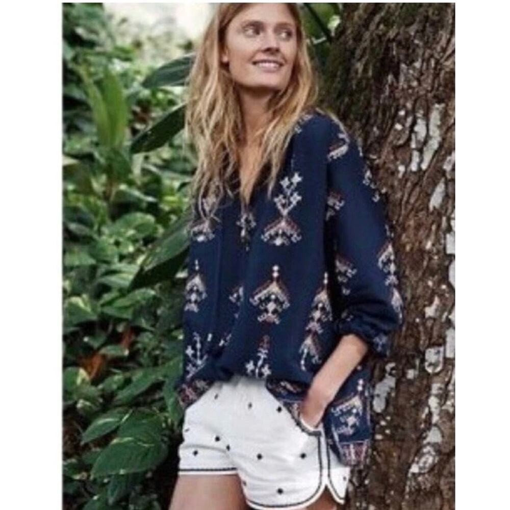 Madewell Women's Marta Folkstitch Popover‎ Peasant Blouse Top Boho Blue Size XS